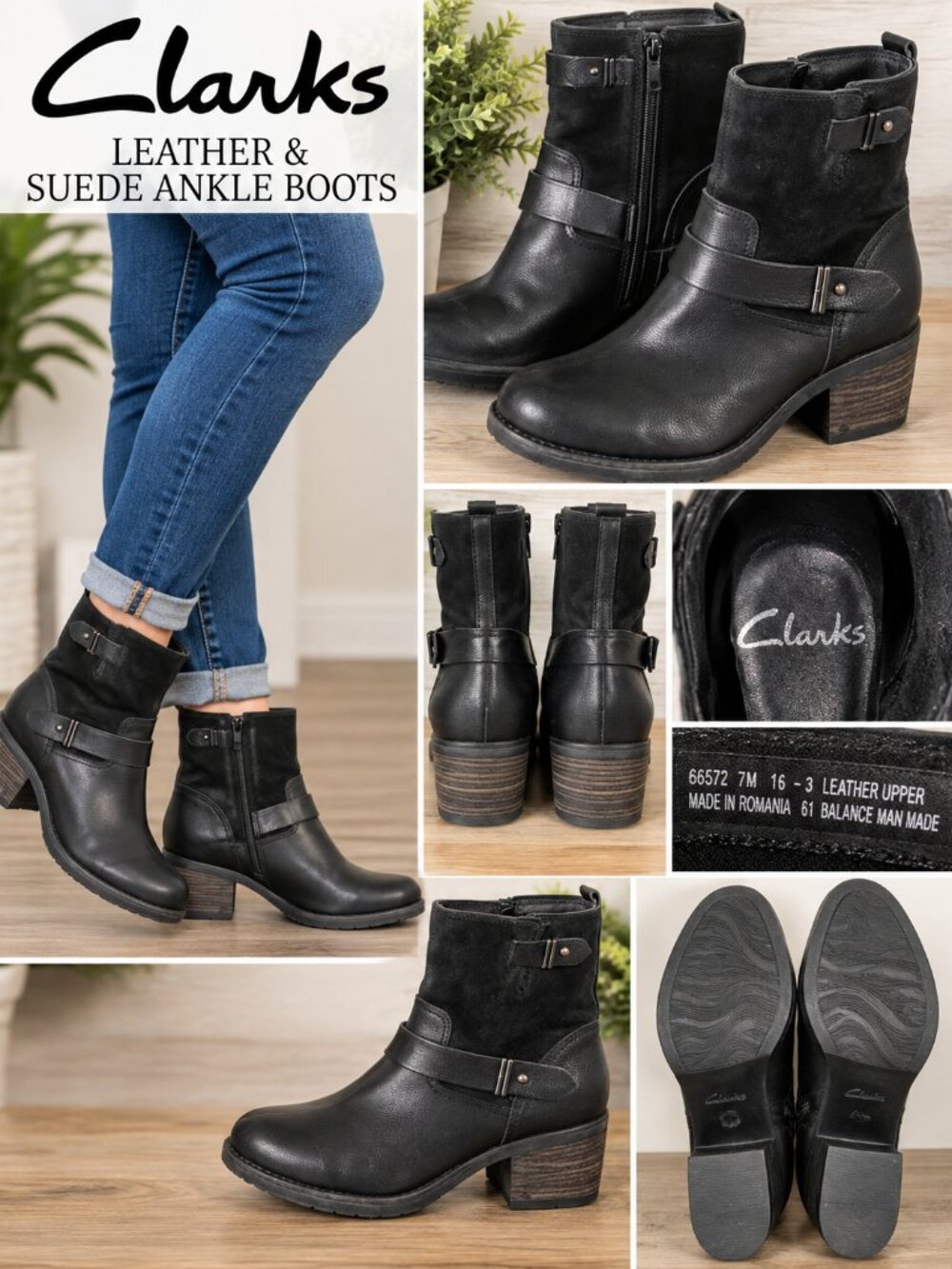 Clarks Women’s Black Leather Suede Buckle Ankle Boots Size 10M Block Heel